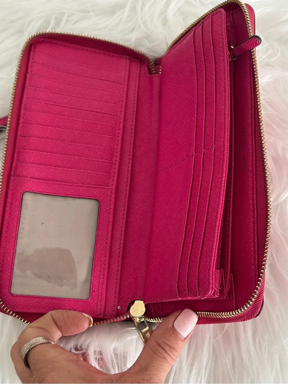 Michael Kors Jet Set Travel Hot Pink Saffiano Leather Zip Around Wristlet Wallet